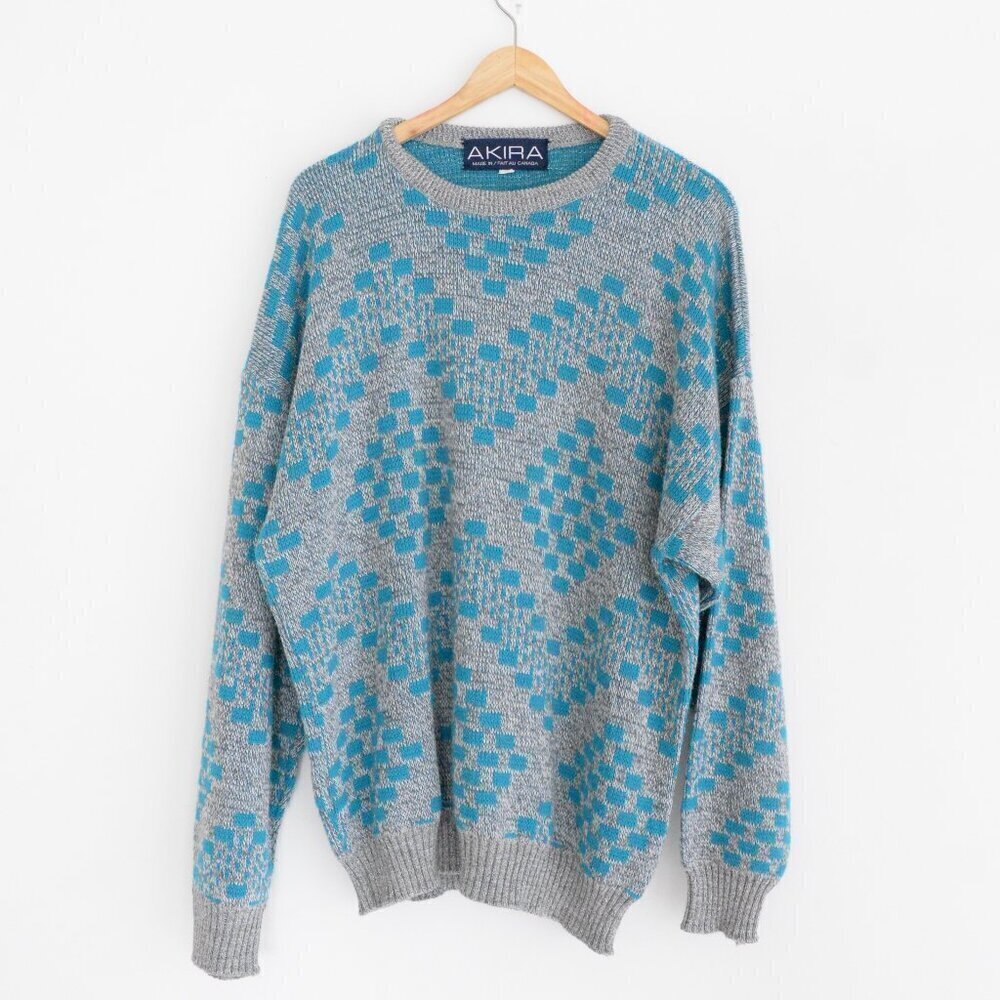 VTG '90S Akira Gray Teal Block Pattern Eclectic Grandpa Knit Crew Neck Sweater L